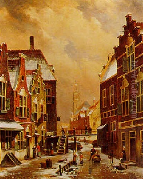 A Winterscene In A Dutch Town Oil Painting - Oene Romkes De Jongh