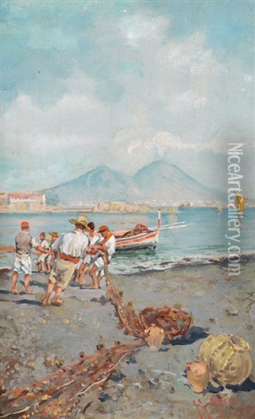 Pescatori Al Recupero Delle Reti Oil Painting - Giuseppe Giardiello