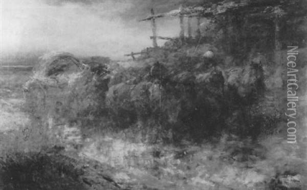 1899 Kronberg Im Taunus, Pferdefuhrwerk Oil Painting - Adolf Schreyer