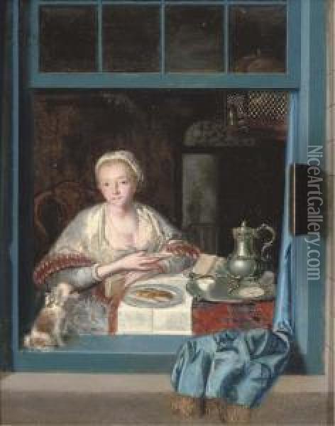 A Lady Sitting At A Table With A Dog Oil Painting - Heroman Van Der Mijn
