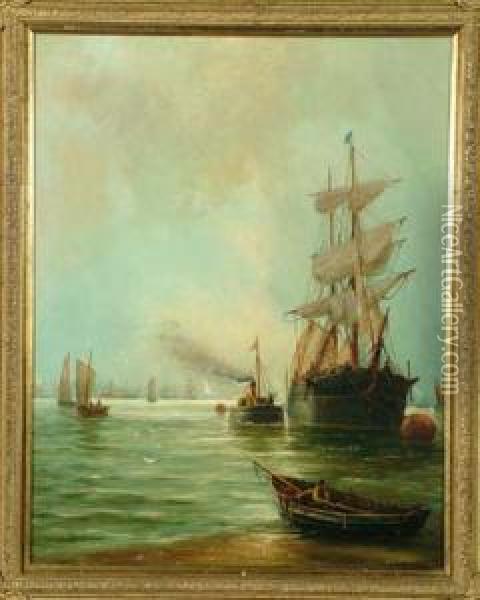 19in. X 14 3/4in. Shipping On The Tyne Signed Oil Painting - Bernard Benedict Hemy