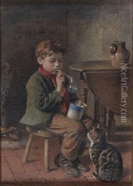 Boy Blowing A Bubble, Being Watched By A Cat Oil Painting - William Hemsley