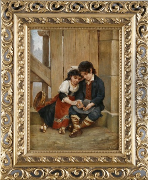 Kinderpaar Beim Zahlen Der Einnahmen Oil Painting - Leopold Graninger