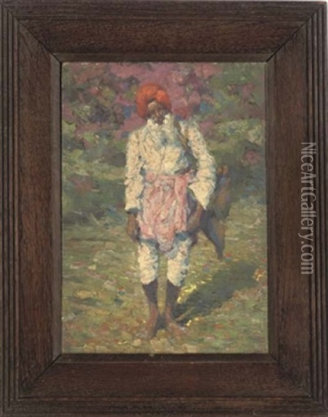 Portrait Of An Indian In A Red Turban, Carrying A Mat Oil Painting - Edward R. Taylor