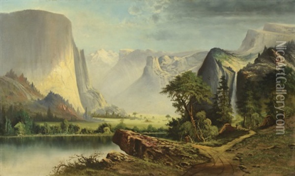 Untitled (yosemite, California, Monumental Landscape With Teepees, River And Mountains) Oil Painting - John Englehart