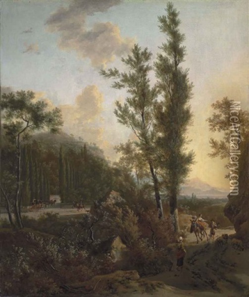 An Italianate Wooded Landscape With Travellers And Sheep On A Path, A Horse-drawn Carriage And Riders Entering A Park Landscape Beyond Oil Painting - Frederick De Moucheron