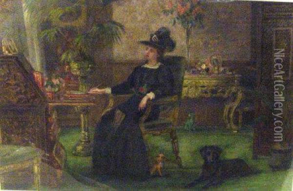 Female And Dogs In An Interior Oil Painting - John Parker