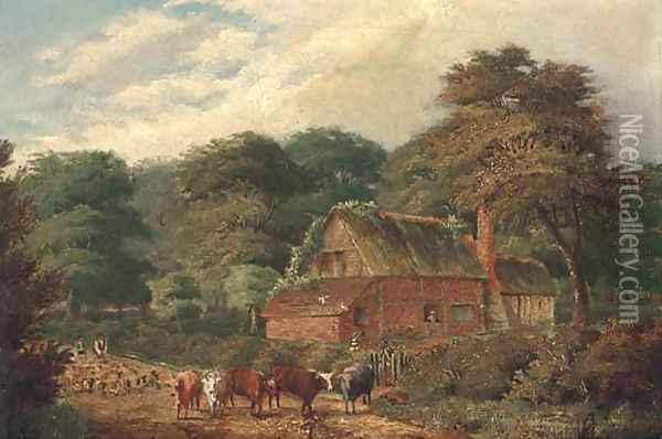 Cattle and sheep before a cottage Oil Painting - David Payne