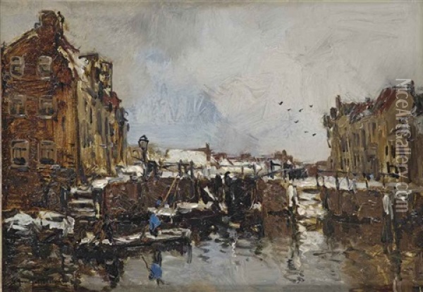 Sluisje Bij Winter; A View Of Schiedam In Winter Oil Painting - Johan Hendrik van Mastenbroek