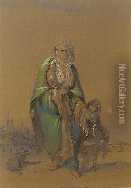 An Ottoman Lady Walking With A Child With A Mosque Behind Oil Painting - Amadeo Preziosi