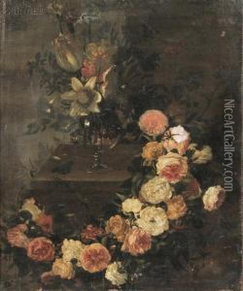Floral Still Life With Vase And Garland Oil Painting - Gaspar-pieter The Younger Verbruggen