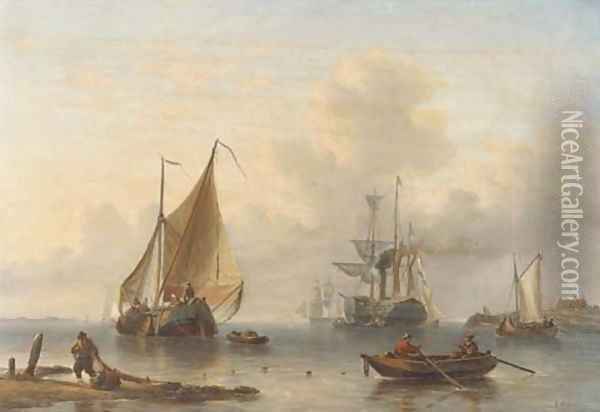 A calm a busy day near a coast Oil Painting - George Willem Opdenhoff