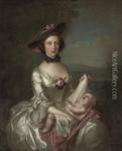 Portrait Of Elizabeth Boyd And 
Child, Three-quarter-length, In An Oyster Satin Dress And Black And Pink
 Trimmed Hat, In A Landscape Oil Painting - Philippe Mercier