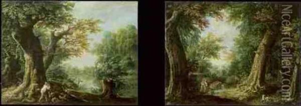 Zwei Bewaldete Landschaften Mit Einem Holzfaller Bzw. Reisigsammler. Oil Painting - Johann Daniel Bager