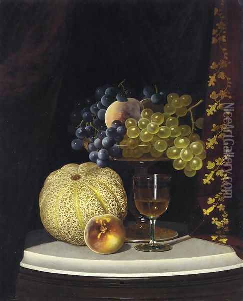 Still Life with Melon, Peach, Fruit-Filled Compote and Glass of Wine on a Marble Table Top Oil Painting - William Mason Brown