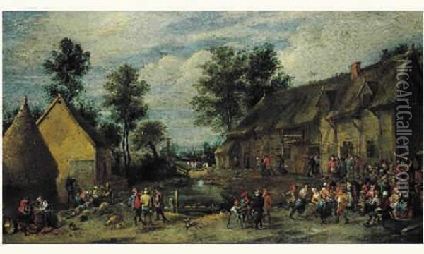 Scene De Kermesse Dans Une Rue D'un Village Flamand Oil Painting - Thomas Van Apshoven