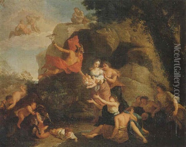 Mercury Entrusting The Infant Bacchus To The Nymphs On Mount Nysa Oil Painting - Louis de Boulogne the Younger