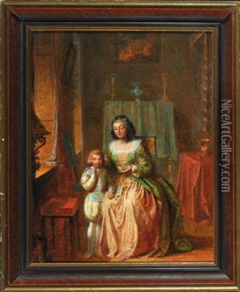 Dame Und Kleiner Prinz Im Palastzimmer Oil Painting - Charles Auguste Herbe