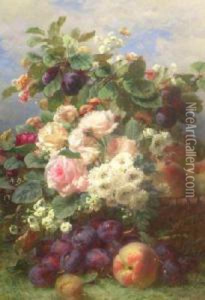 A Basket Overflowing With Flowers And Fruit Set In A Garden Oil Painting - Jean-Baptiste Robie