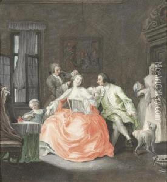 People Playing Music/people Dressing Their Hair. Oil Painting - Johann Anton Tischbein