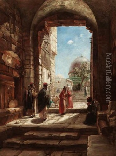 Vor Dem Tempelbezirk In Jerusalem Oil Painting - Gustav Bauernfeind