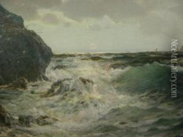 The Ocean Breaks Against The Stern Dumb Shore Oil Painting - Richard Wane