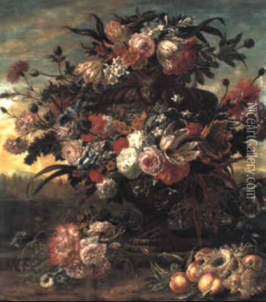Carnations, Tulips And Other Flowers In An Urn On A Ledge, A Landscape Beyond Oil Painting - Jan-Baptiste Bosschaert