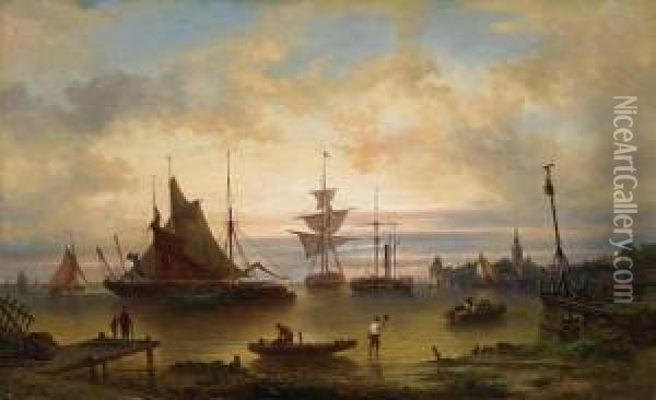 Small Harbour In Belgium Oil Painting - Elias Pieter van Bommel