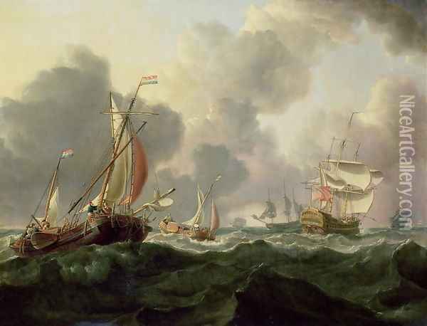 Dutch Pinks and a British Frigate in Choppy Seas Oil Painting - Charles Martin Powell