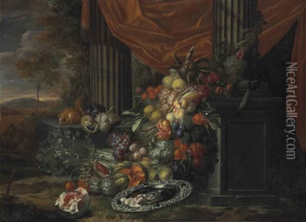 Fruits, Vegetables, And A Silver Tray With A Bird And A Squirrel In A Classical Portico Before A Landscape Oil Painting - Jan Pauwel Gillemans The Elder