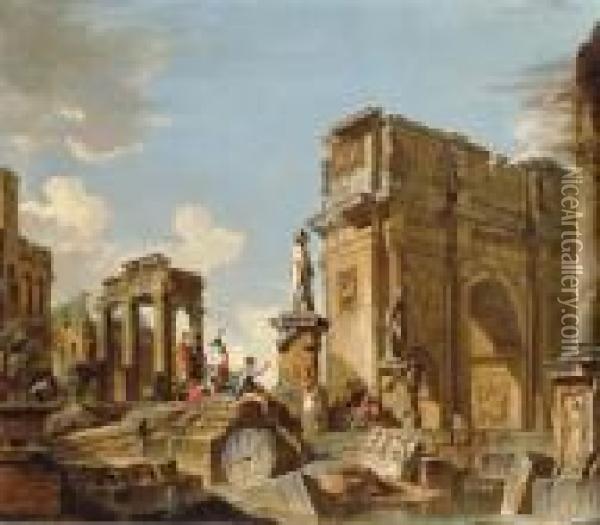 A Capriccio Of Classical Ruins With The Arch Of Constantine And Figures Conversing Oil Painting - Giovanni Niccolo Servandoni