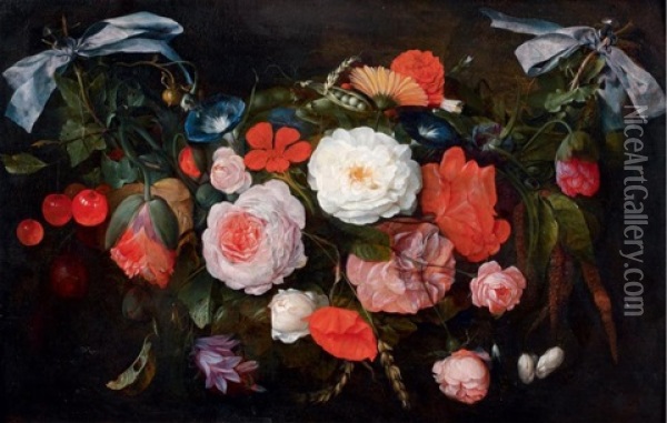 Guirlande De Roses, Belle De Jour, Pavots Et Autres Fleurs Avec Des Cerises Et Du Froment (collab W/studio) Oil Painting - Jan Davidsz De Heem