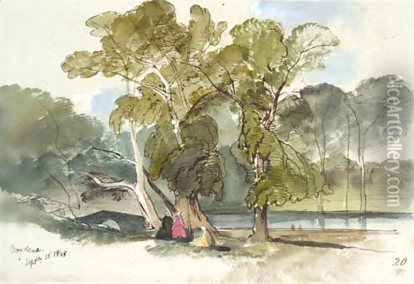 Figures Resting In A Shady Glade, Vodena, Greece Oil Painting - Edward Lear