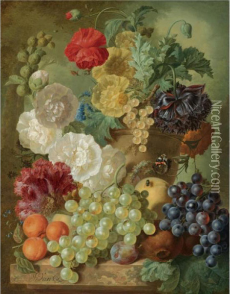 A Still Life With Hollyhocks, 
Poppies, An Anemone, Other Flowers And White-currants In A Terracotta 
Vase, With Apricots, White And Black Grapes, Pomegranates And A Plum, 
All Arranged On A Marble Ledge Oil Painting - Jan van Os