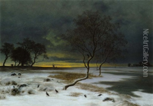 Vinterlandskab, Ved Solens Opgang. Motiv Fra Nordsjaelland Oil Painting - Georg Emil Libert