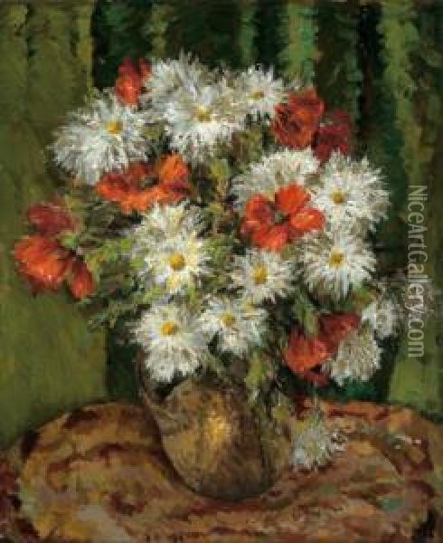 Margariten Und Mohnblumen In Vase Oil Painting - Ludwig Muhrmann