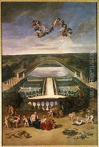 View of the Orangerie at Versailles, from the Piece d'Eau des Suisses and the King's Vegetable Garden with Vertumnus and Pomona, 1688 Oil Painting - Jean II Cotelle