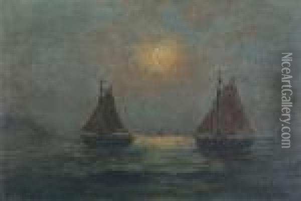 Marine Met Zeilboten Bij Maanlicht Oil Painting - Romain Steppe