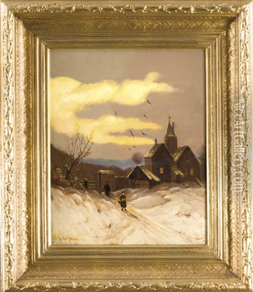 Stimmungsvolle Ansicht Eines Einsam Gelegenen Gehofts In Winterlich Verschneiter Landschaft Oil Painting - Georg Schmitz