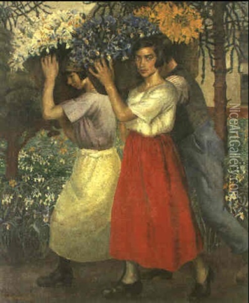 The Flower-gatherers Oil Painting - Harold Harvey