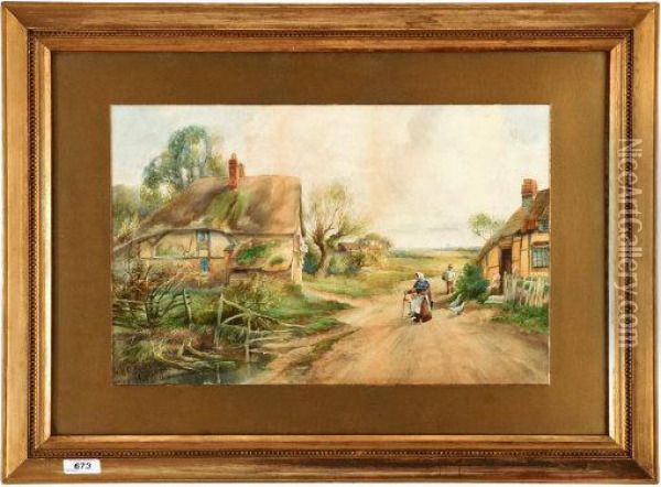 Cottages/figures Landscape In Distance Oil Painting - Charles Henry C. Baldwyn