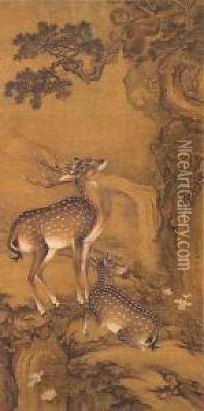 Deer And Monkeys In A Landscape Oil Painting - Shen Quan