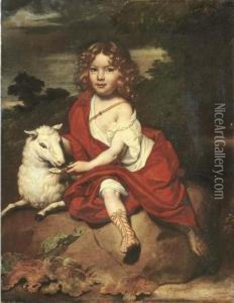 Portrait Of A Young Boy, Seated 
Full-length, With A Sheep, On A Rock, A Wooded Landscape Beyond Oil Painting - Jan de Baen