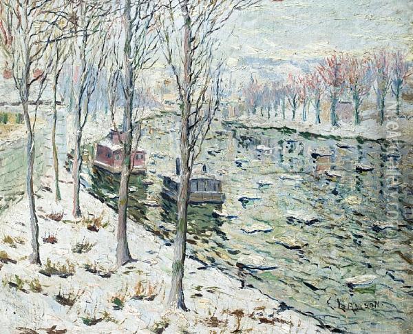 Canal Scene In Winter Oil Painting - Ernest Lawson