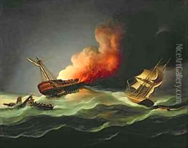 The East Indiaman Kent on Fire in the Bay of Biscay Oil Painting - Thomas Buttersworth