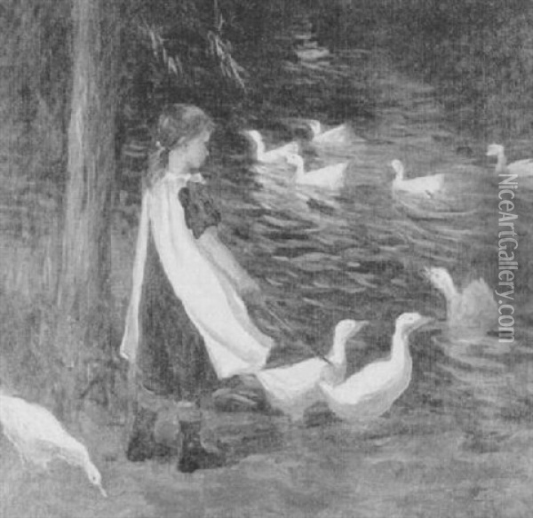 Feeding The Ducks Oil Painting - Gwendoline M. Hopton