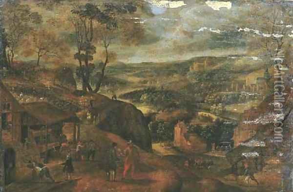 Autumn an extensive landscape with the vendange Oil Painting - Gillis Mostaert