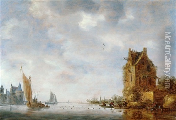 Flusslandschaft Mit Befestigungen Auf Beiden Uferseiten Oil Painting - Frans de Hulst