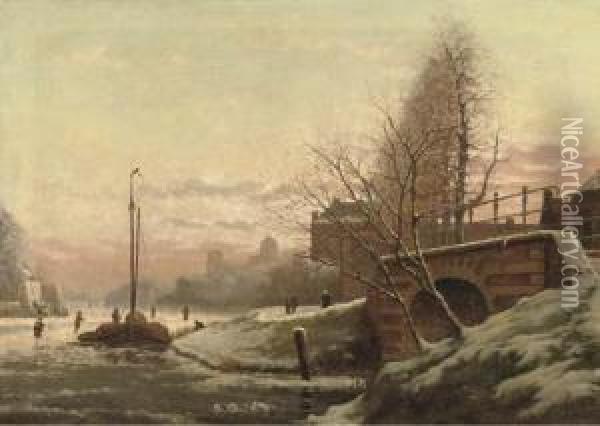 The River Vliet In Winter With The Observatory Beyond, Leiden Oil Painting - Jan Van Dam