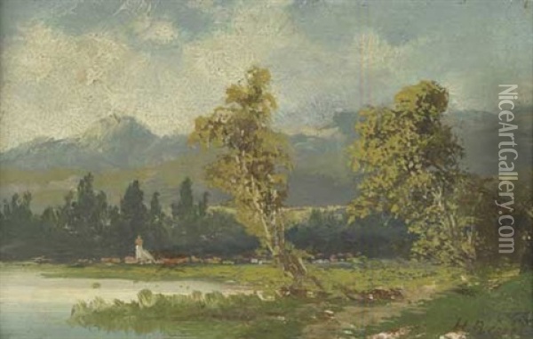 Baumbestandenes Seeufer Mit Den Alpen Im Hintergrund Oil Painting - Heinrich Neppel